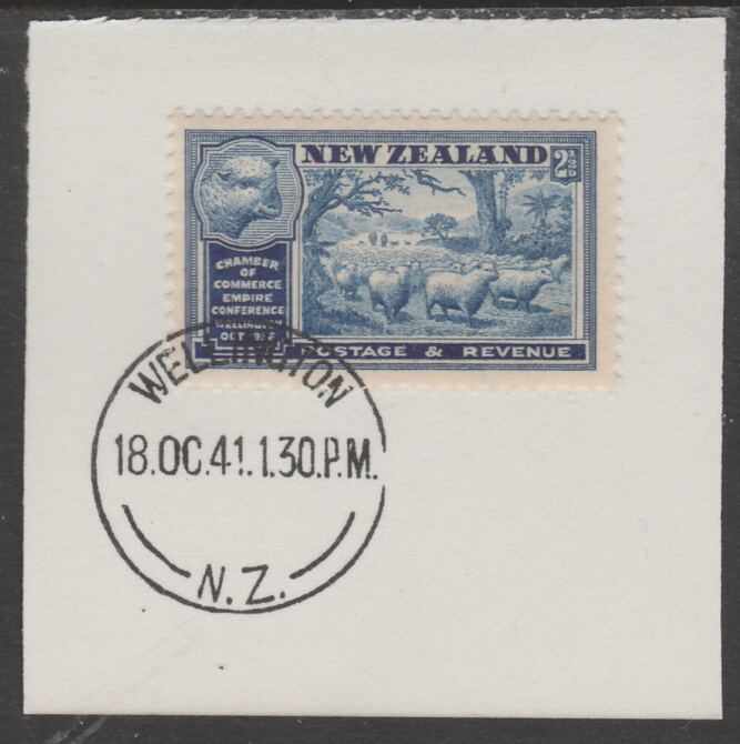 New Zealand 1936 Chamber of Commerce 2.5d blue (SG595) on piece with full strike of Madame Joseph forged postmark type 287