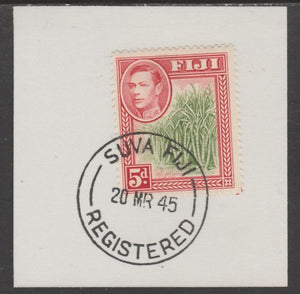 Fiji 1938-55 KG6 Pictorial 5d yellow-green & scarlet on piece with full strike of Madame Joseph forged postmark type 167