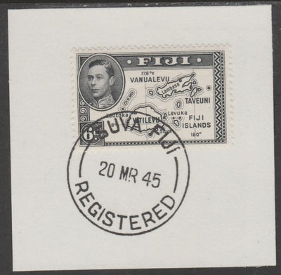 Fiji 1938-55 KG6 Pictorial 6d black (die II with 180) on piece with full strike of Madame Joseph forged postmark type 167