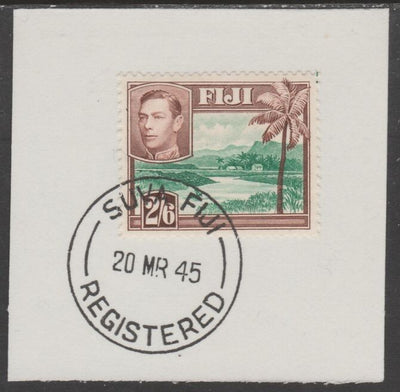 Fiji 1938-55 KG6 Pictorial 2s6d green & brown on piece with full strike of Madame Joseph forged postmark type 167