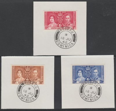 Leeward Islands 1937 KG6 Coronation set of 3 each on individual piece cancelled with full strike of Madame Joseph forged postmark Dominica type 143