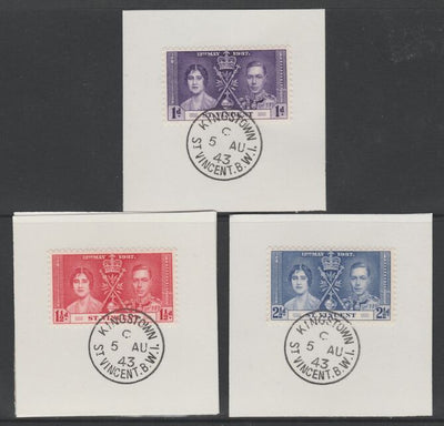 St Vincent 1937 KG6 Coronation set of 3 each on individual piece cancelled with full strike of Madame Joseph forged postmark type 372
