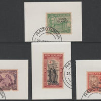 Cook Islands 1946 KG6 Peace set of 4 each on individual piece cancelled with part strike of Madame Joseph forged postmark type 127