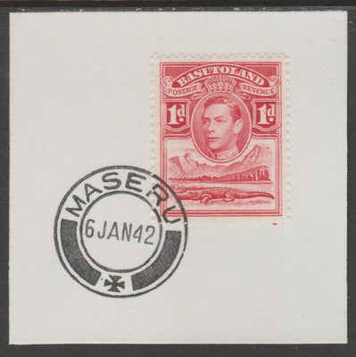 Basutoland 1938 KG6 Nile Crocodile 1d on piece cancelled with full strike of Madame Joseph forged postmark type 53
