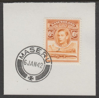 Basutoland 1938 KG6 Nile Crocodile 6d on piece cancelled with full strike of Madame Joseph forged postmark type 53