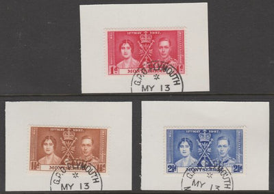 Montserrat 1937 KG6 Coronation set of 3 each on individual piece cancelled with part strike of Madame Joseph forged postmark type 258