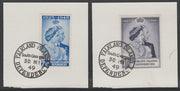 Falkland Islands Dependencies 1948 KG6 Royal Silver Wedding set of 2 each on individual piece cancelled with full strike of Madame Joseph forged postmark type 158