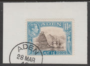 Aden 1939-48 KG6 Capture of Aden 14a sepia & light blue on piece with part strike of Madame Joseph forged postmark type 3
