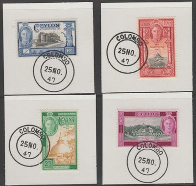 Ceylon 1947 Inauguration set of 4 each on individual piece cancelled with full strike of Madame Joseph forged postmark type 122