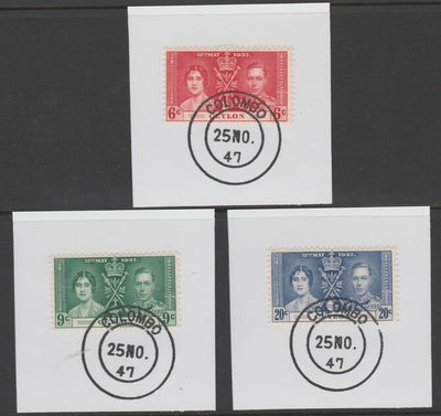 Ceylon 1937 KG6 Coronation set of 3 each on individual piece cancelled with full strike of Madame Joseph forged postmark type 122