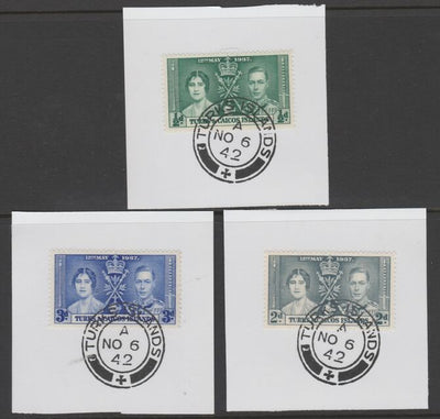 Turks & Caicos Islands 1937 KG6 Coronation set of 3 each on individual piece cancelled with full strike of Madame Joseph forged postmark type 427