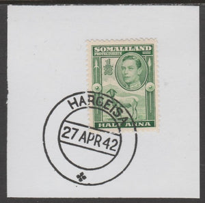 Somaliland 1938 KG6 Side Face 1/2a on piece cancelled with full strike of Madame Joseph forged postmark type 103