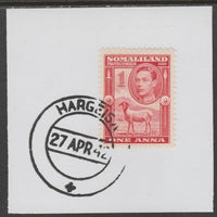 Somaliland 1938 KG6 Side Face 1a on piece cancelled with full strike of Madame Joseph forged postmark type 103