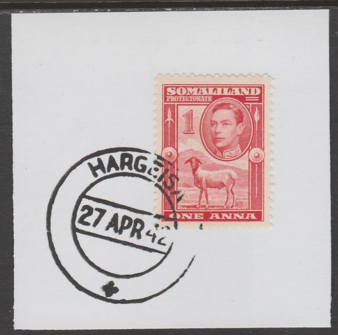 Somaliland 1938 KG6 Side Face 1a on piece cancelled with full strike of Madame Joseph forged postmark type 103