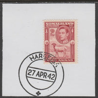 Somaliland 1938 KG6 Side Face 2a on piece cancelled with full strike of Madame Joseph forged postmark type 103