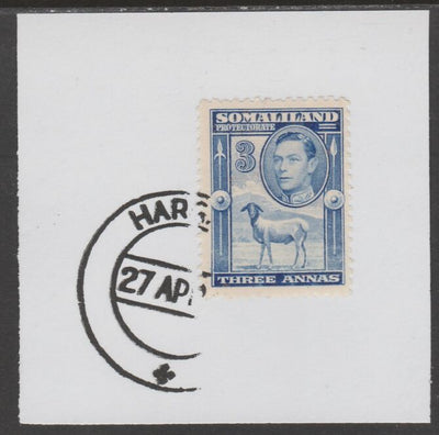 Somaliland 1938 KG6 Side Face 3a on piece cancelled with full strike of Madame Joseph forged postmark type 103