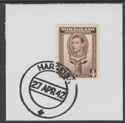 Somaliland 1938 KG6 Side Face 4a on piece cancelled with full strike of Madame Joseph forged postmark type 103
