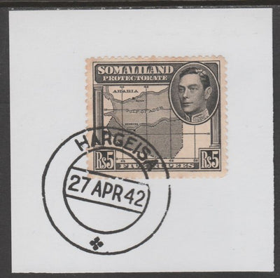 Somaliland 1938 KG6 Side Face 5r on piece cancelled with full strike of Madame Joseph forged postmark type 103