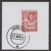 Somaliland 1942 KG6 Full Face 2a on piece cancelled with full strike of Madame Joseph forged postmark type 103