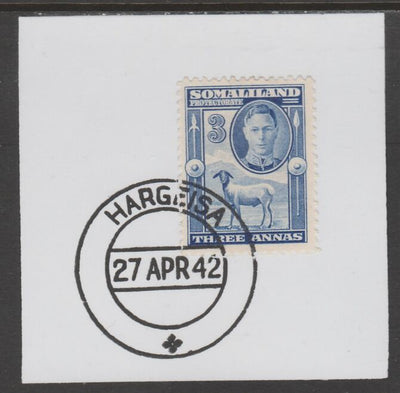 Somaliland 1942 KG6 Full Face 3a on piece cancelled with full strike of Madame Joseph forged postmark type 103