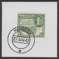Somaliland 1942 KG6 Full Face 1r on piece cancelled with full strike of Madame Joseph forged postmark type 103
