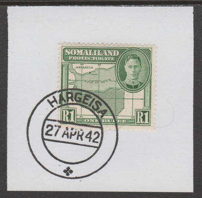 Somaliland 1942 KG6 Full Face 1r on piece cancelled with full strike of Madame Joseph forged postmark type 103