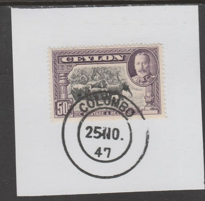 Ceylon 1935-36 KG5 Pictorial 50c Wild Elephants on piece cancelled with full strike of Madame Joseph forged postmark type 122