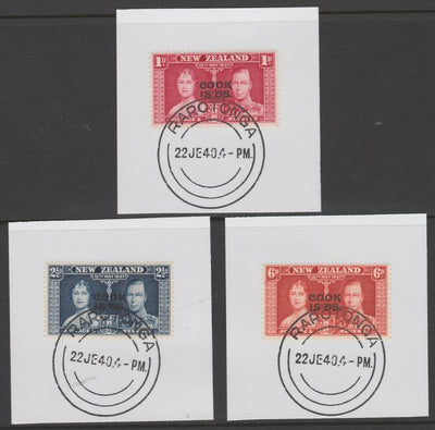 Cook Islands 1937 KG6 Coronation set of 3 each on individual piece cancelled with full strike of Madame Joseph forged postmark type 127