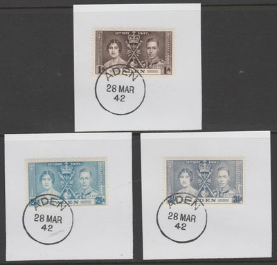 Aden 1937 KG6 Coronation set of 3 each on individual piece cancelled with full strike of Madame Joseph forged postmark type 3