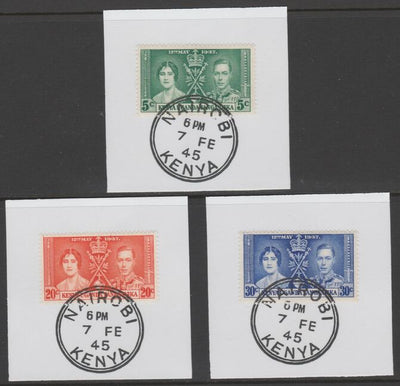 Kenya, Uganda & Tanganyika 1937 KG6 Coronation set of 3 each on individual piece cancelled with full strike of Madame Joseph forged postmark type 226