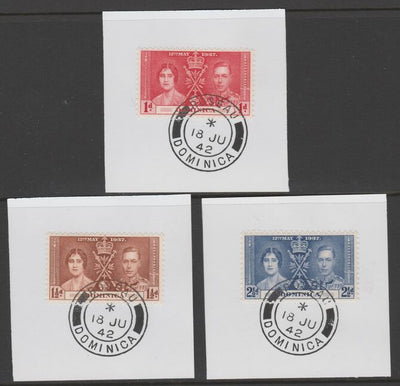 Dominica 1937 KG6 Coronation set of 3 each on individual piece cancelled with full strike of Madame Joseph forged postmark type 143
