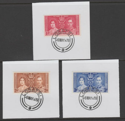 Bechuanaland 1937 KG6 Coronation set of 3 each on individual piece cancelled with full strike of Madame Joseph forged postmark type 143