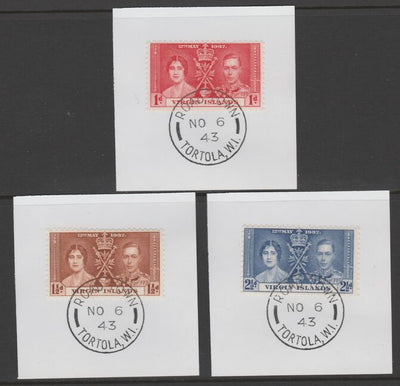 British Virgin Islands 1937 KG6 Coronation set of 3 each on individual piece cancelled with full strike of Madame Joseph forged postmark type 434