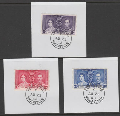 Mauritius 1937 KG6 Coronation set of 3 each on individual piece cancelled with full strike of Madame Joseph forged postmark type 255
