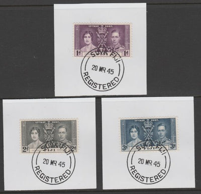 Fiji 1937 KG6 Coronation set of 3 each on individual piece cancelled with full strike of Madame Joseph forged postmark type 167