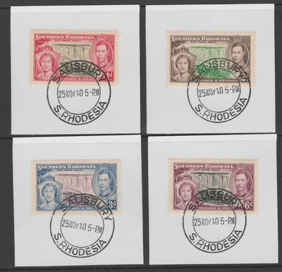 Southern Rhodesia 1937 KG6 Coronation set of 4 each on individual piece cancelled with full strike of Madame Joseph forged postmark type 332