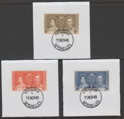 Seychelles 1937 KG6 Coronation set of 3 each on individual piece cancelled with full strike of Madame Joseph forged postmark type 389