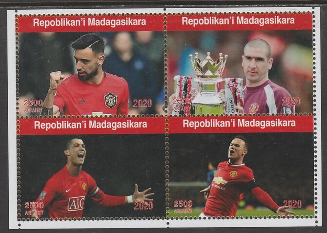 Madagascar 2020 Manchester United perf sheetlet containing 4 values unmounted mint. Note this item is privately produced and is offered purely on its thematic appeal