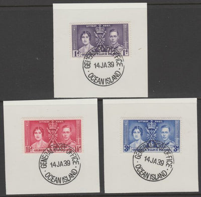 Gilbert & Ellice Islands 1937 KG6 Coronation set of 3 each on individual piece cancelled with full strike of Madame Joseph forged postmark type 191