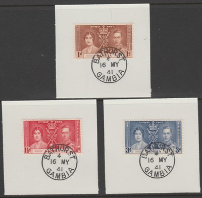 Gambia 1937 KG6 Coronation set of 3 each on individual piece cancelled with full strike of Madame Joseph forged postmark type 174