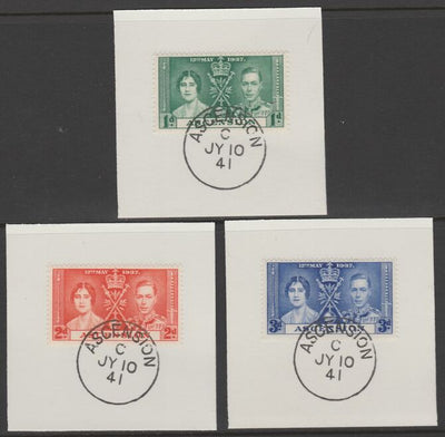 Ascension 1937 KG6 Coronation set of 3 each on individual piece cancelled with full strike of Madame Joseph forged postmark type 26