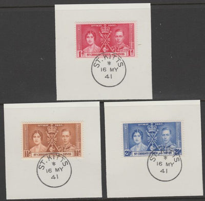 St Kitts-Nevis 1937 KG6 Coronation set of 3 each on individual piece cancelled with full strike of Madame Joseph forged postmark type 350