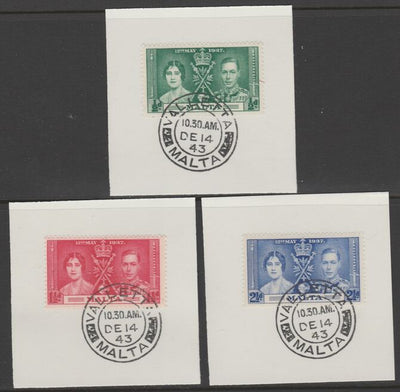 Malta 1937 KG6 Coronation set of 3 each on individual piece cancelled with full strike of Madame Joseph forged postmark type 250