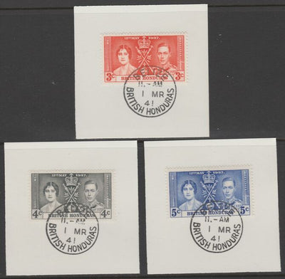 British Honduras 1937 KG6 Coronation set of 3 each on individual piece cancelled with full strike of Madame Joseph forged postmark type 77