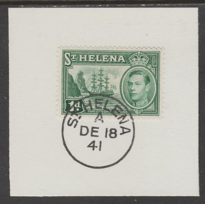 St Helena 1938 KG6 1d green on piece cancelled with full strike of Madame Joseph forged postmark type 344