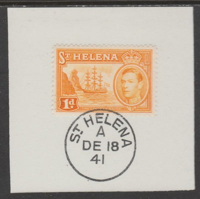 St Helena 1938 KG6 1d yellow-orange on piece cancelled with full strike of Madame Joseph forged postmark type 344
