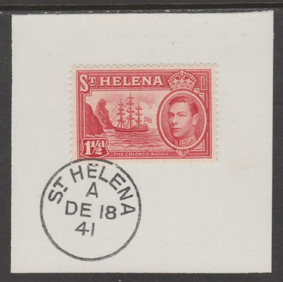 St Helena 1938 KG6 1.5d scarlet on piece cancelled with full strike of Madame Joseph forged postmark type 344