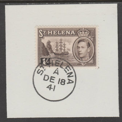 St Helena 1938 KG6 1s sepia on piece cancelled with full strike of Madame Joseph forged postmark type 344