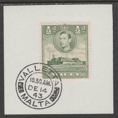 Malta 1938 KG6 HMS St Angelo 1/2d green on piece cancelled with full strike of Madame Joseph forged postmark type 250