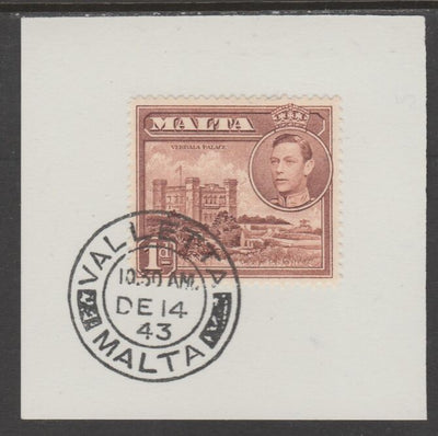 Malta 1938 KG6 Verdala Palace 1d red-brown on piece cancelled with full strike of Madame Joseph forged postmark type 250